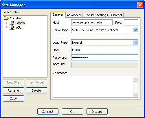 Image of connection credentials dialog in Filezilla