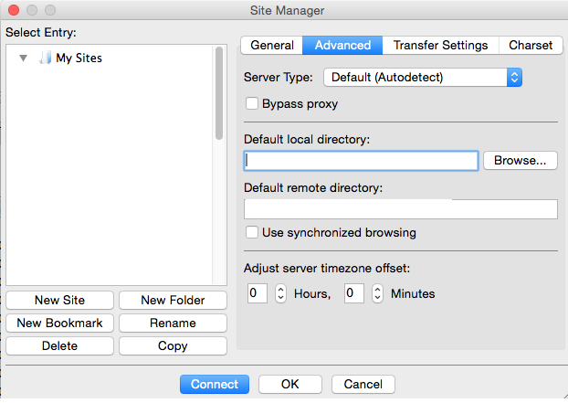 An image of the graphical user interface for the Mac operating system version of Filezilla.