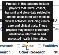 A popup box with information regarding the category Clinical.