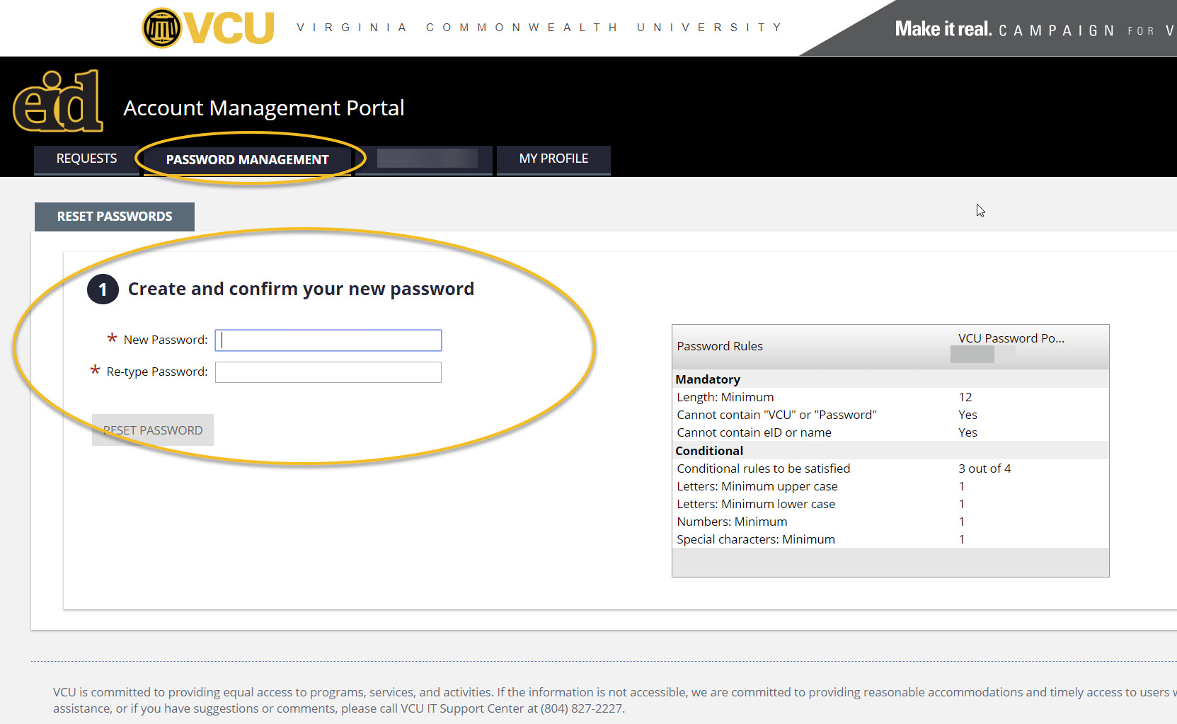 Screenshot of eID Portal showing where to reset password